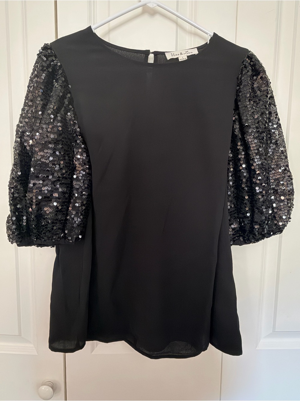 Vine & Love Black Sequin Puff-Sleeve Blouse